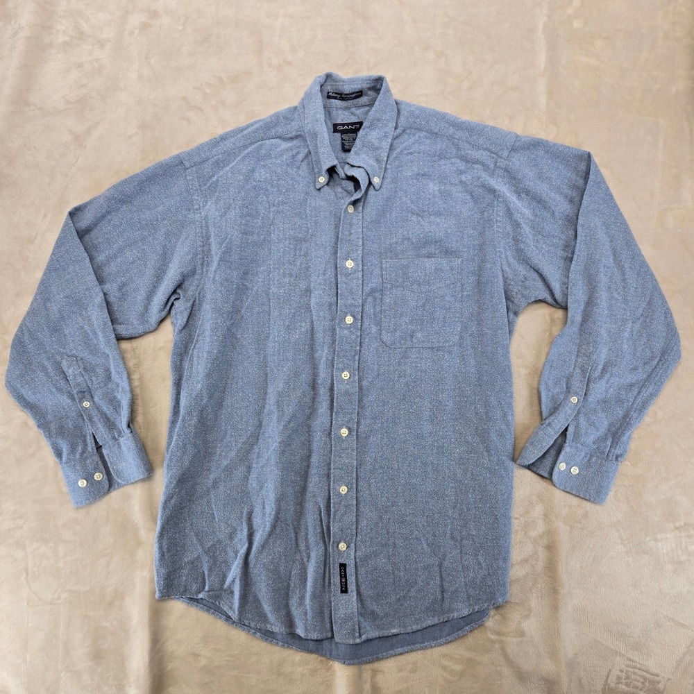 Gant Melange Herringbone Shirt Mens L Blue Good Cotton Button Down Long Sleeve
